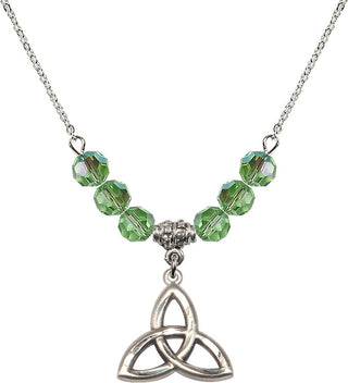 18" Rhodium Plated Necklace with 4mm Peridot Crystal Beads featuring a Sterling Silver Trinity Irish Knot Medal.