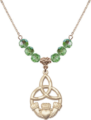 18" Hamilton Gold Plated Necklace with 4mm Peridot Crystal Beads featuring a 14kt Gold Filled Irish Knot / Claddagh Medal.