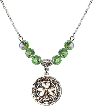 18" Rhodium Plated Necklace with 4mm Peridot Crystal Beads featuring a Sterling Silver Shamrock with Celtic Border Medal.