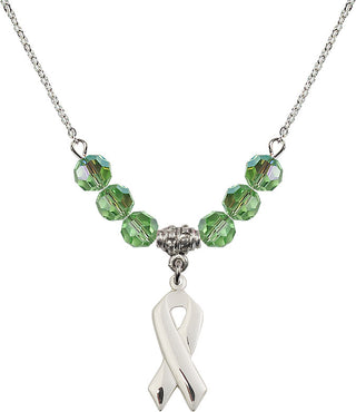 18" Rhodium Plated Necklace with 4mm Peridot Crystal Beads featuring a Sterling Silver Cancer Awareness Medal.