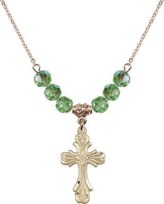 18" Hamilton Gold Plated Necklace with 4mm Peridot Crystal Beads featuring a 14kt Gold Filled Cross Medal.