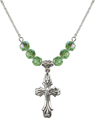18" Rhodium Plated Necklace with 4mm Peridot Crystal Beads featuring a Sterling Silver Cross Medal.