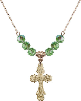 18" Hamilton Gold Plated Necklace with 4mm Peridot Crystal Beads featuring a 14kt Gold Filled Crucifix Medal.