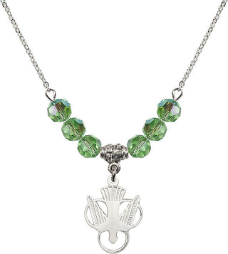 18" Rhodium Plated Necklace with 4mm Peridot Crystal Beads featuring a Sterling Silver Holy Spirit Medal.