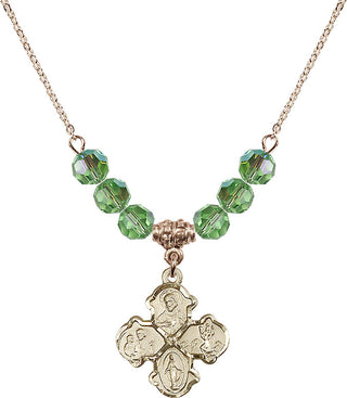 18" Hamilton Gold Plated Necklace with 4mm Peridot Crystal Beads featuring a 14kt Gold Filled 4-Way Medal.