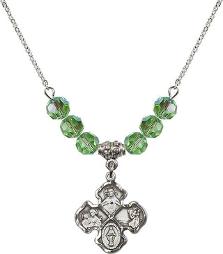18" Rhodium Plated Necklace with 4mm Peridot Crystal Beads featuring a Sterling Silver 4-Way Medal.