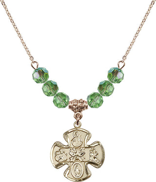 18" Hamilton Gold Plated Necklace with 4mm Peridot Crystal Beads featuring a 14kt Gold Filled 5-Way Medal.