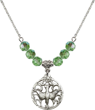 18" Rhodium Plated Necklace with 4mm Peridot Crystal Beads featuring a Sterling Silver Holy Spirit Medal.