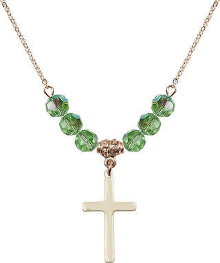 18" Hamilton Gold Plated Necklace with 4mm Peridot Crystal Beads featuring a 14kt Gold Filled Cross Medal.