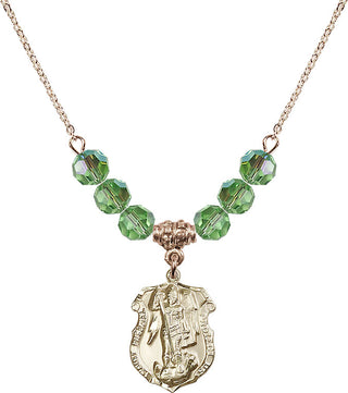 18" Hamilton Gold Plated Necklace with 4mm Peridot Crystal Beads featuring a 14kt Gold Filled Saint Michael the Archangel Medal. Engraved Catholic Saint Jewelry