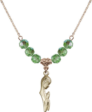 18" Hamilton Gold Plated Necklace with 4mm Peridot Crystal Beads featuring a 14kt Gold Filled Madonna Medal.