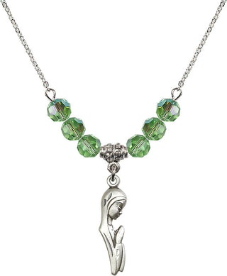 18" Rhodium Plated Necklace with 4mm Peridot Crystal Beads featuring a Sterling Silver Madonna Medal.