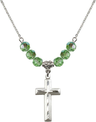 18" Rhodium Plated Necklace with 4mm Peridot Crystal Beads featuring a Sterling Silver Cross Medal. Engraved Catholic Saint Jewelry