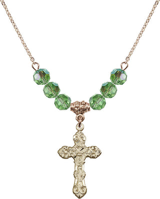 18" Hamilton Gold Plated Necklace with 4mm Peridot Crystal Beads featuring a 14kt Gold Filled Cross Medal. Engraved Catholic Saint Jewelry