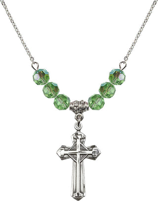 18" Rhodium Plated Necklace with 4mm Peridot Crystal Beads featuring a Sterling Silver Cross Medal. Engraved Catholic Saint Jewelry