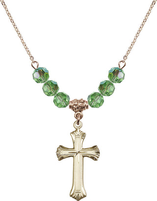 18" Hamilton Gold Plated Necklace with 4mm Peridot Crystal Beads featuring a 14kt Gold Filled Cross Medal. Engraved Catholic Saint Jewelry