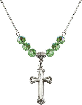18" Rhodium Plated Necklace with 4mm Peridot Crystal Beads featuring a Sterling Silver Cross Medal. Engraved Catholic Saint Jewelry