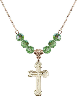 18" Hamilton Gold Plated Necklace with 4mm Peridot Crystal Beads featuring a 14kt Gold Filled Cross Medal.