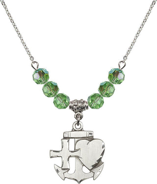18" Rhodium Plated Necklace with 4mm Peridot Crystal Beads featuring a Sterling Silver Faith, Hope & Charity Medal.