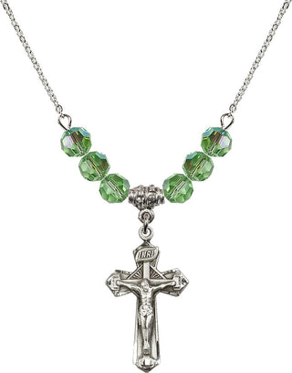 18" Rhodium Plated Necklace with 4mm Peridot Crystal Beads featuring a Sterling Silver Crucifix Medal.