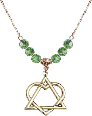 18" Hamilton Gold Plated Necklace with 4mm Peridot Crystal Beads featuring a 14kt Gold Filled Adoption Heart Medal.