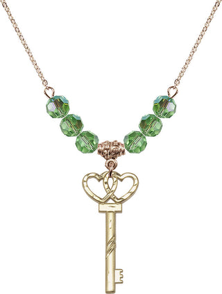 18" Hamilton Gold Plated Necklace with 4mm Peridot Crystal Beads featuring a 14kt Gold Filled Small Key w/Double Hearts Medal.