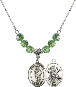 18" Rhodium Plated Necklace with 4mm Peridot Crystal Beads featuring a Sterling Silver Saint Florian/Firefighter Medal.