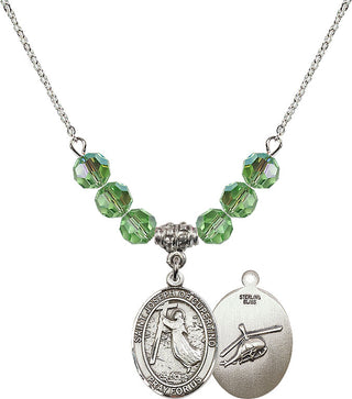 18" Rhodium Plated Necklace with 4mm Peridot Crystal Beads featuring a Sterling Silver Saint Joseph of Cupertino/Heleco Medal.