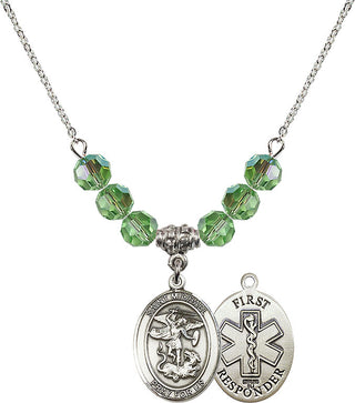 18" Rhodium Plated Necklace with 4mm Peridot Crystal Beads featuring a Sterling Silver Saint Michael/1St Responder Medal.