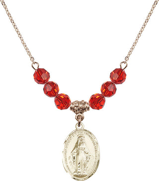 18" Hamilton Gold Plated Necklace with 4mm Ruby Crystal Beads featuring a 14kt Gold Filled Miraculous Medal.