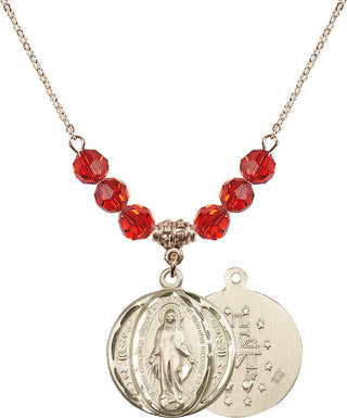18" Hamilton Gold Plated Necklace with 4mm Ruby Crystal Beads featuring a 14kt Gold Filled Miraculous Medal.