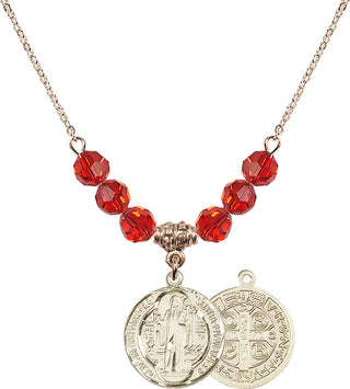 18" Hamilton Gold Plated Necklace with 4mm Ruby Crystal Beads featuring a 14kt Gold Filled Saint Benedict Medal.