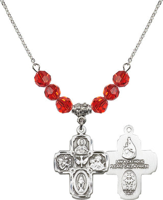 18" Rhodium Plated Necklace with 4mm Ruby Crystal Beads featuring a Sterling Silver 5-Way Medal.
