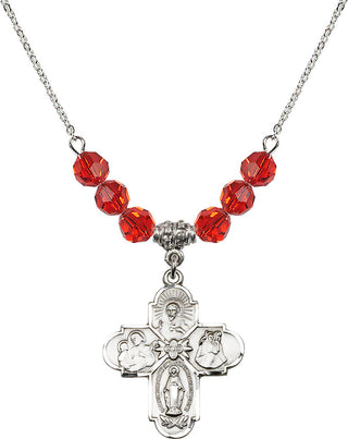 18" Rhodium Plated Necklace with 4mm Ruby Crystal Beads featuring a Sterling Silver 4-Way Medal.