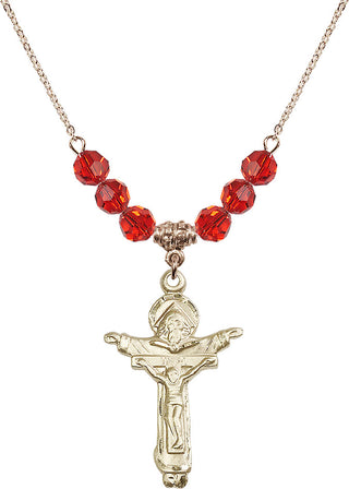 18" Hamilton Gold Plated Necklace with 4mm Ruby Crystal Beads featuring a 14kt Gold Filled Trinity Crucifix Medal.