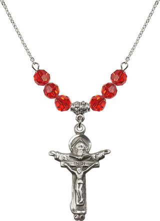 18" Rhodium Plated Necklace with 4mm Ruby Crystal Beads featuring a Sterling Silver Trinity Crucifix Medal.