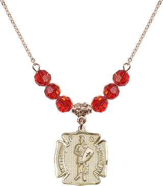 18" Hamilton Gold Plated Necklace with 4mm Ruby Crystal Beads featuring a 14kt Gold Filled Saint Florian Medal. Engraved Catholic Saint Jewelry