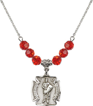 18" Rhodium Plated Necklace with 4mm Ruby Crystal Beads featuring a Sterling Silver Saint Florian Medal. Engraved Catholic Saint Jewelry