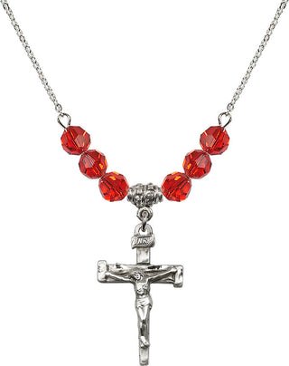 18" Rhodium Plated Necklace with 4mm Ruby Crystal Beads featuring a Sterling Silver Nail Crucifix Medal.