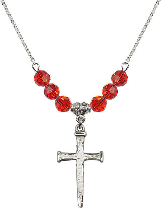 18" Rhodium Plated Necklace with 4mm Ruby Crystal Beads featuring a Sterling Silver Nail Cross Medal.