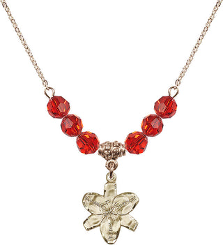 18" Hamilton Gold Plated Necklace with 4mm Ruby Crystal Beads featuring a 14kt Gold Filled Chastity Medal.