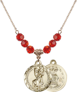 18" Hamilton Gold Plated Necklace with 4mm Ruby Crystal Beads featuring a 14kt Gold Filled Saint Christopher / Air Force Medal.