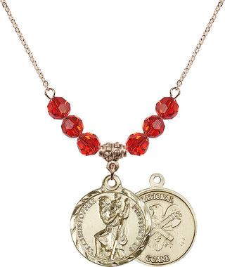 18" Hamilton Gold Plated Necklace with 4mm Ruby Crystal Beads featuring a 14kt Gold Filled Saint Christopher / Nat'l Guard Medal.