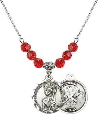 18" Rhodium Plated Necklace with 4mm Ruby Crystal Beads featuring a Sterling Silver Saint Christopher / Nat'l Guard Medal.