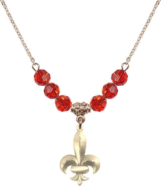18" Hamilton Gold Plated Necklace with 4mm Ruby Crystal Beads featuring a 14kt Gold Filled Fleur de Lis Medal.