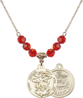 18" Hamilton Gold Plated Necklace with 4mm Ruby Crystal Beads featuring a 14kt Gold Filled Saint Michael / Army Medal.