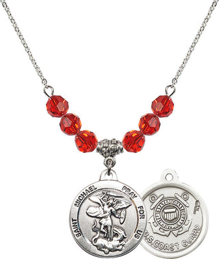 18" Rhodium Plated Necklace with 4mm Ruby Crystal Beads featuring a Sterling Silver Saint Michael / Coast Guard Medal.
