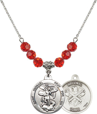 18" Rhodium Plated Necklace with 4mm Ruby Crystal Beads featuring a Sterling Silver Saint Michael / Nat'l Guard Medal.