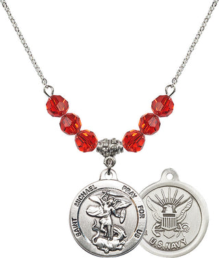 18" Rhodium Plated Necklace with 4mm Ruby Crystal Beads featuring a Sterling Silver Saint Michael / Navy Medal.