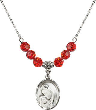 18" Rhodium Plated Necklace with 4mm Ruby Crystal Beads featuring a Sterling Silver Madonna & Child Medal.